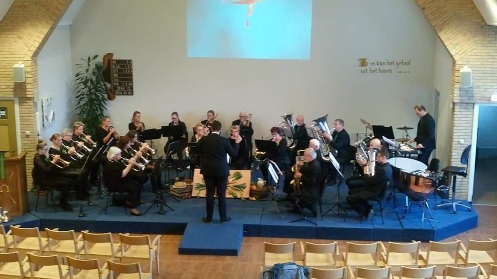 Het orkest tijdens een concert, met de dirigent voor de groep.